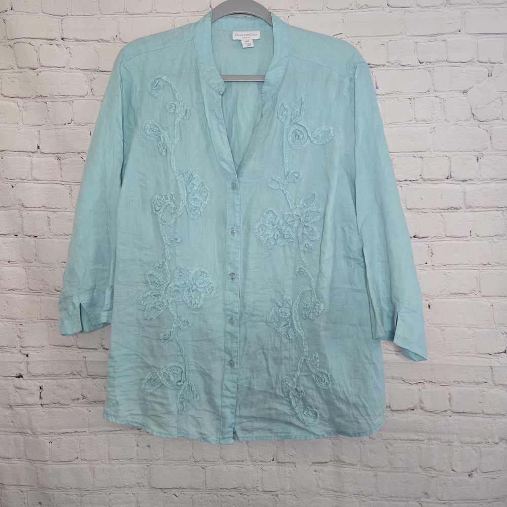 Charter Club Linen Aqua Button-Up Blouse Sz 18w